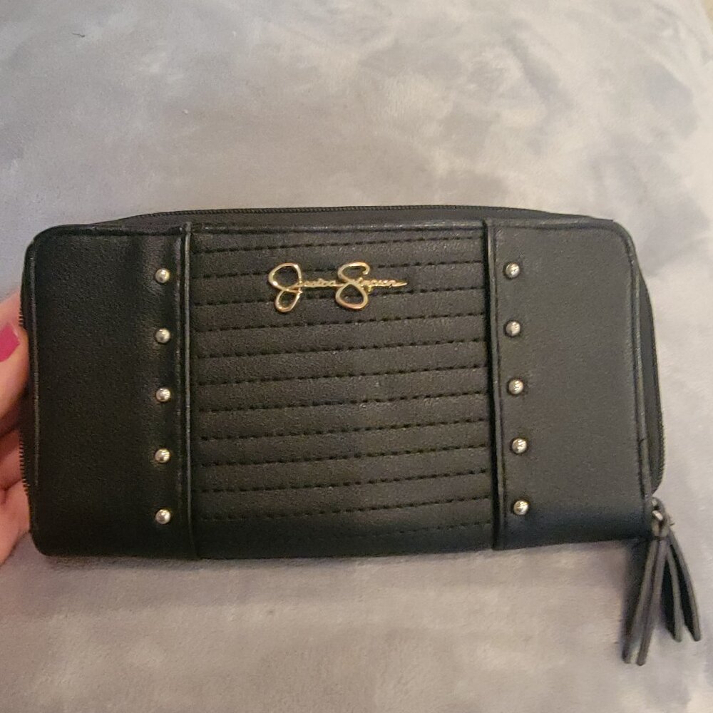 JESSICA SIMPSON Black Zip Wallet with Gold Studded Details - Card Slots